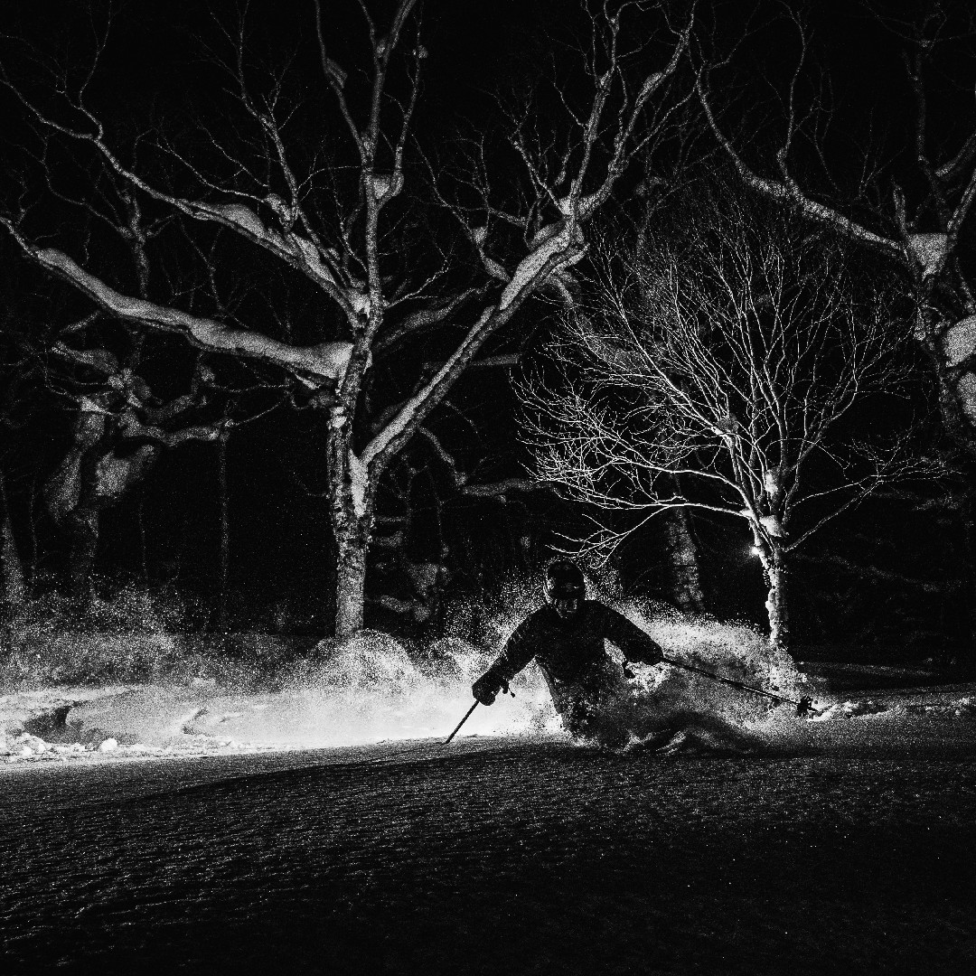 Night skiing in the trees of Niseko